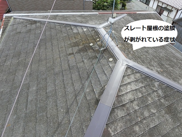 ひたちなか市で塗膜が剥がれて白っぽくなっているスレート屋根