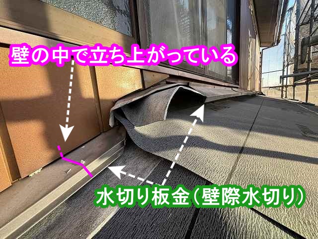 水切り板金の上端部は、壁の奏で立ち上がっている