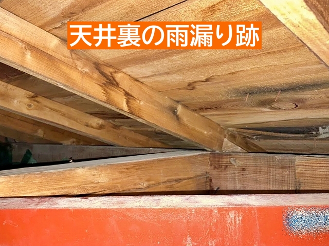 天井裏で見つかった雪による雨漏り
