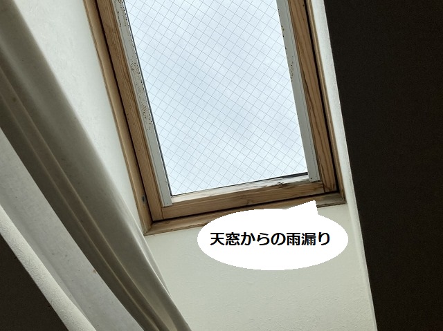 天窓の水下部分に雨漏り箇所が確認できる