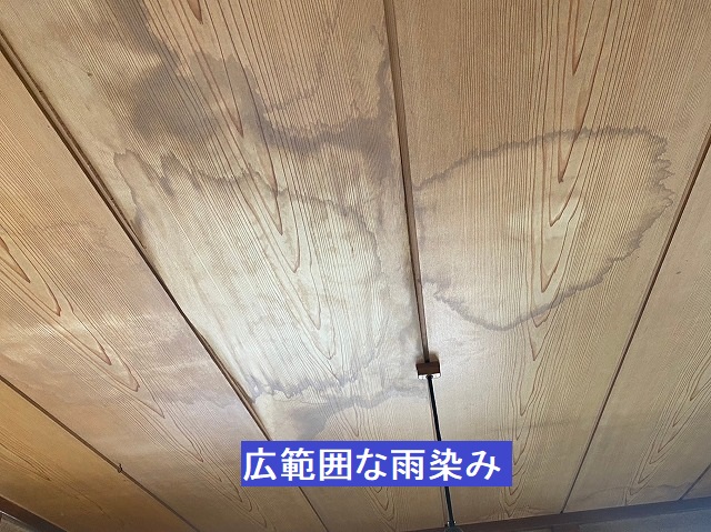 広範囲に雨染みが広がる1階の和室天井