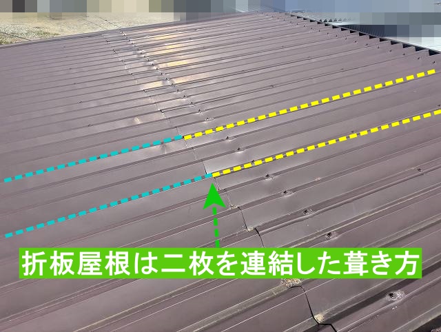 折板屋根を二枚つなぎ合わせた葺き方