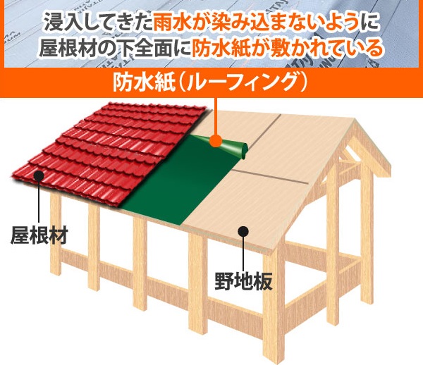 野地板と防水紙や屋根材の関係を示すイラスト