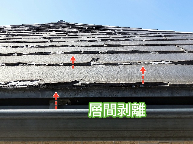 パラパラと層が剥がれる層間剥離を起こしたスレート屋根