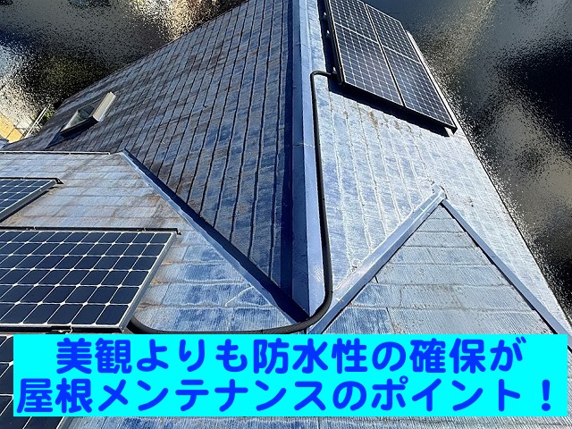 ひたちなか市　スレート屋根の汚れ調査　経年で防水性が低下した屋根の写真